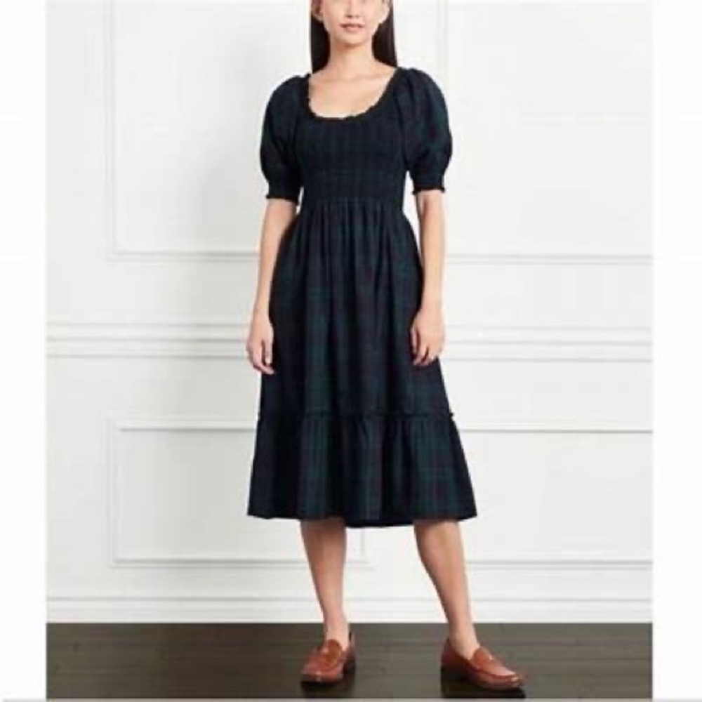 HILL HOUSE Plaid Tartan blackwatch blue green puff sleeve midi holiday dress M 8